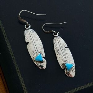 Vintage Navajo Running Bear Turquoise Native Feather Earrings Boho 925 Sterling